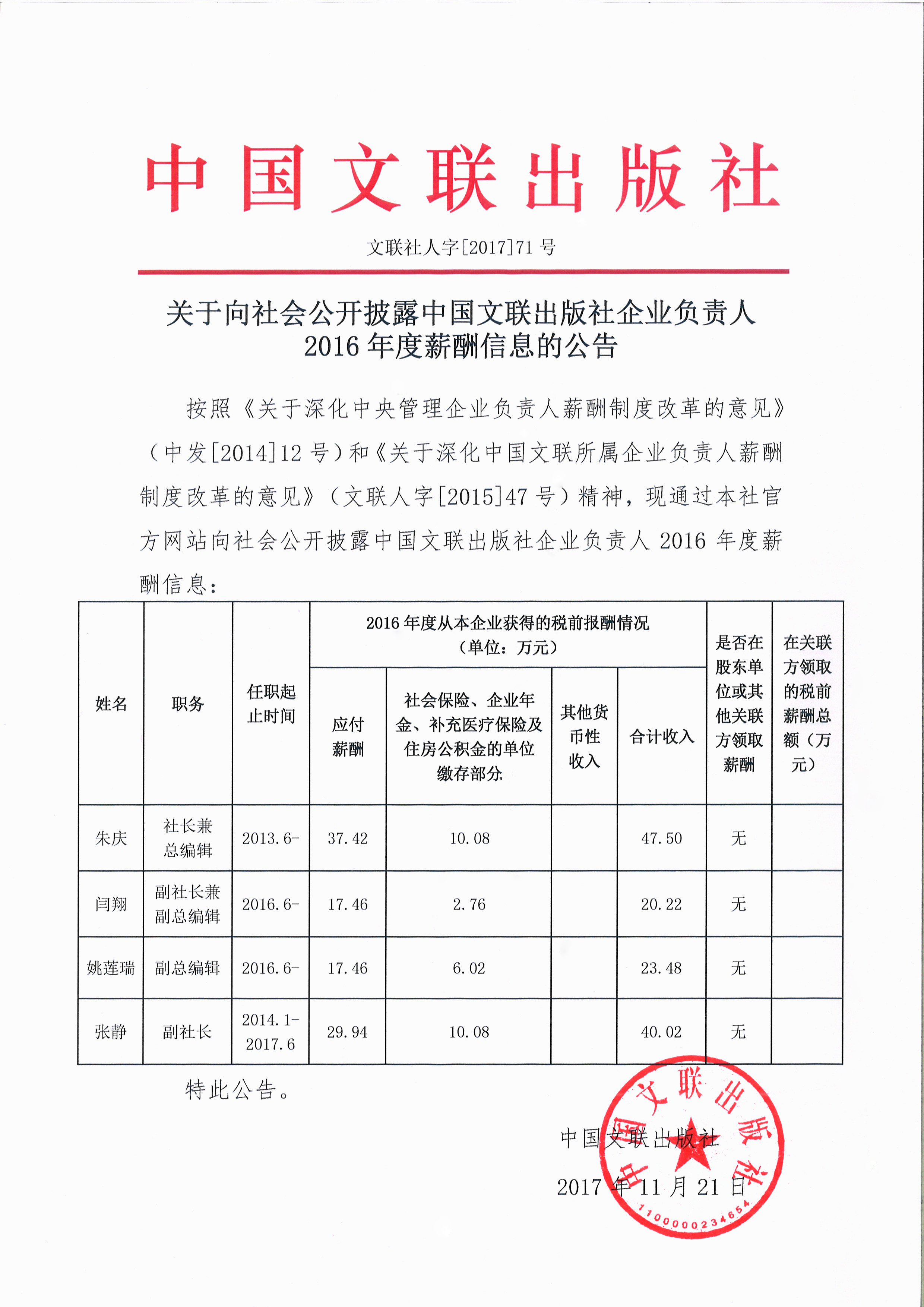 关于向社会公开披露中国文联出版社企业负责人2016年度薪酬信息的公告